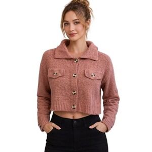 Pink Rose NWT Cropped‎ Cardigan Sweater Womens Size Large Pink Buttons Collar